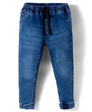 Bonfino Cotton Woven Full Length Washed Denim Jogger - Navy Blue