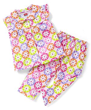 Babyhug Single Jersey Half Sleeves Night Suit Floral Print - Multicolour