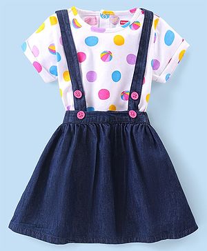 Babyhug Single Jersey Knit Half Sleeves Tops  With Polka Dot Print &  Denim Skirt  - White & Blue