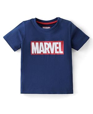 Babyhug Marvel Cotton Knit Half Sleeves T-Shirt with Text Print and Foil Print Detailing - Navy Blue