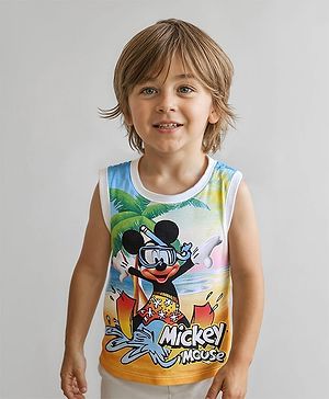 Babyhug Disney Cotton Knit  Sleeveless T-Shirt with Mickey Mouse Print - White