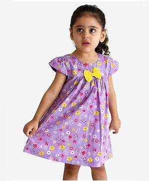 Campana 100% Cotton Cap Sleeves Floral Printed Dress - Purple & Yellow