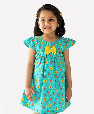 Campana 100% Cotton Cap Sleeves Floral Printed Dress - Blue & Yellow