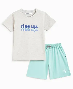 Campana 100% Cotton Jersey Half Sleeves Rise Up Printed T-Shirt With Shorts Set - Grey Melange & Ocean Blue