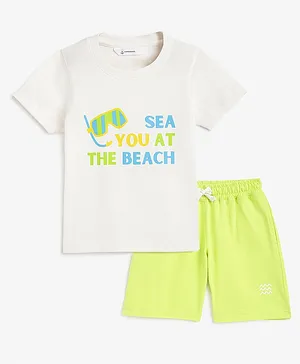 Campana 100% Cotton Jersey Half Sleeves At the Beach Printed T-Shirt With Shorts Set - White & Lime Green