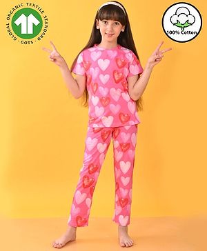 Anthrilo 100% Organic Cotton Knit Half Sleeves Hearts Printed Coordinating Night Suit - Pink