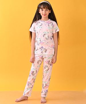 Anthrilo 100% Organic Cotton Knit Half Sleeves Unicorn Heart Printed Coordinating Night Suit - Pink
