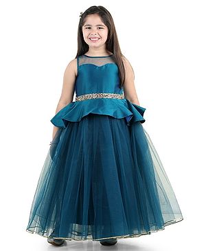 Toy Balloon Kids Sleeveless Stone    Embellished Peplum Detailed Net Gown - Teal blue