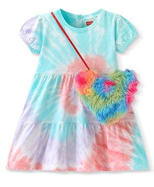 Babyhug Cotton Jersey Knit Half Sleeves Tie & Dye Frock With Heart Shape Sling Bag - Multicolor