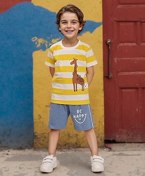 TOONYPORT Cotton Half Sleeves Giraffe Printed Tee & Shorts Set - Yellow