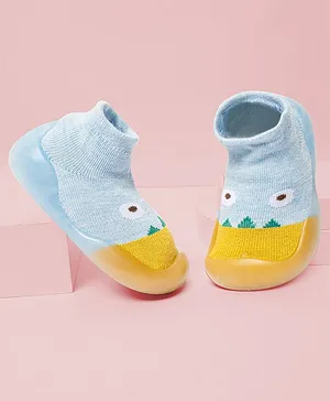 Baby Moo Eye Detailed Anti Skid Rubber Sole Slip On Sock Shoes - Blue & Mustard