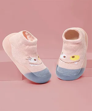 Baby Moo Eye Detailed Anti Skid Rubber Sole Slip On Sock Shoes - Pink & Blue