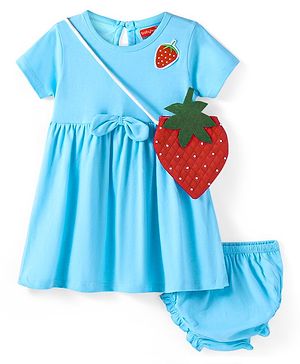 Babyhug Cotton Knit Half Sleeves Bow Detailing Strawberry Printed  Frock with Bloomer & Sling Bag - Light Blue