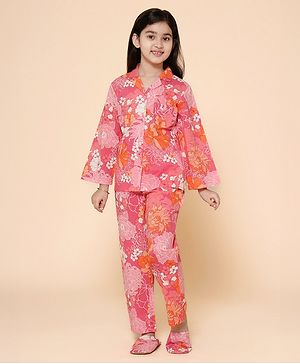 Piccolo Cotton Woven Full Sleeves  Floral Printed Night Suit - Pink