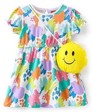 Babyhug Cotton Jersey  Half Sleeves Frock With Colorful Print & Sling Bag - Multicolor