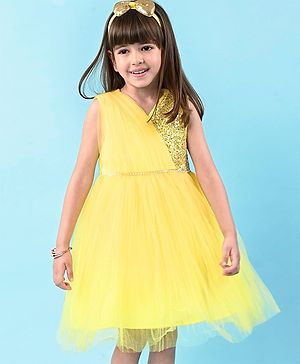 Babyhug Woven Sleeveless  Fit and Flare Pleated Party Frock With Sequined Detailing- Yellow