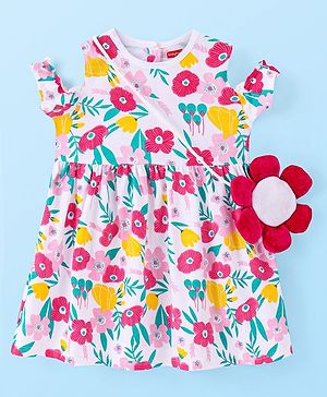 Babyhug Cotton Jersey Knit Cold Shoulder Sleeves Floral Printed Frock with Sling Bag - White