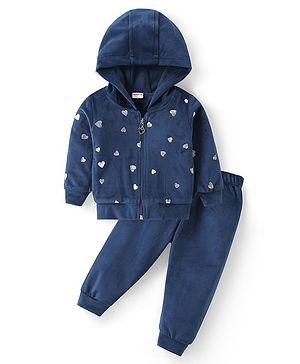 Babyhug Woven Full Sleeves Hooded Winter Wear Suit With Hearts Print - Navy