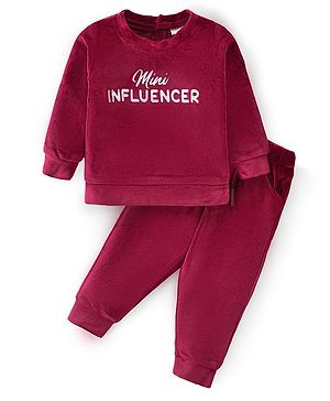 Babyhug Velour Woven Full Sleeves Winter Wear Suit With Text Embroidery - Maroon