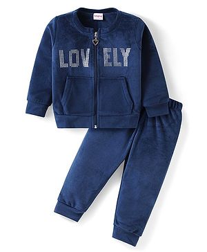 Babyhug Woven Full Sleeves Winter Wear Suit With Sequins - Navy