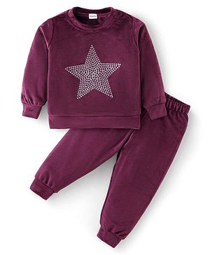 Babyhug Velour Woven Full Sleeves  Winter Wear Suit with Sequin Star Detailing - Wine