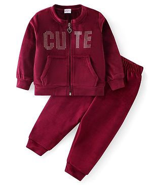 Babyhug Velour Woven Full Sleeves Winter Wear Suit With Text Print - Maroon