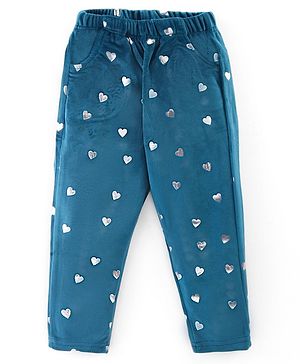 Babyhug Velour Knit Full Length Fleece & Woollen Pant with Hearts Print - Teal Blue