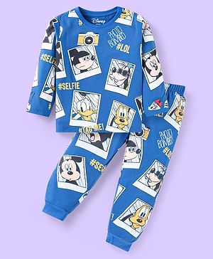 Babyhug Disney Single Jersey Knit Full Sleeves Night Suit With Mickey Mouse Print - Blue