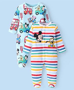 Babyhug Disney Single Jersey Knit Full Sleeves Striped Sleep Suits With Mickey & Friends Graphics Pack Of 2 - Multicolor