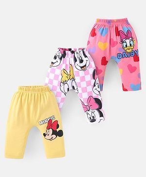 Babyhug Disney Cotton Knit Full Length Diaper Leggings With Daisy Duck & Minnie Mouse Graphics Pack Of 3 - Baby Pink Mustard & Pink