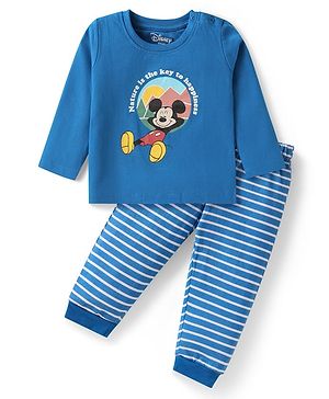 Babyhug Disney Cotton Knit Half Sleeves Night Suit with Mickey Mouse Graphics - Blue