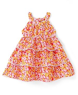 Babyhug Woven Sleeveless Layered Frock with Floral Print - Multicolour