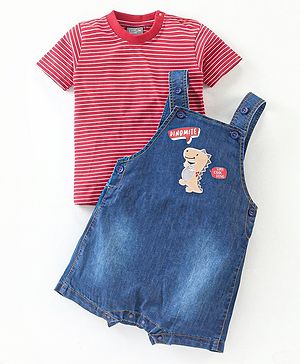 Little Kangaroos  100% Cotton Knit Dungaree Dino Patch &  Half Sleeves Striped T-Shirt - Dark Blue & Red