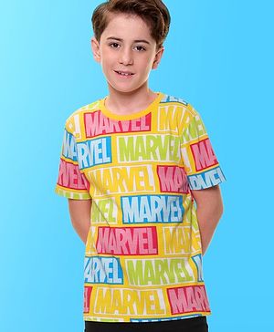 Pine Kids Marvel Cotton Knit Half Sleeves T-Shirt With Marvel Print - Yellow