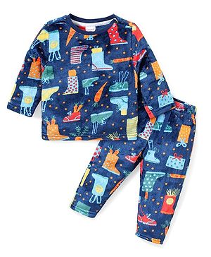 Babyhug Fur Woven Full Sleeves Printed Winter Wear Suit - Navy