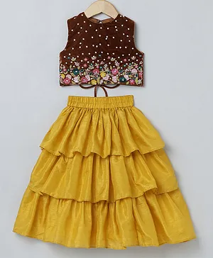 BYB PREMIUM BROWN AND MUSTARD YELLOW GIRLS HEAVY FLORAL HAND EMBROIDERY VELVET AND SILK THREE TIRED SKIRT AND TOP