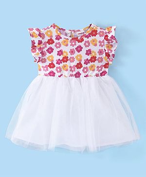 Babyhug Cotton Knit Frill Sleeves Frock with Floral Print - Pink & White