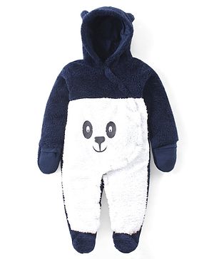 Babyhug Sweater Knit Full Sleeves Hooded Winter Romper with Panda Applique - Navy Blue