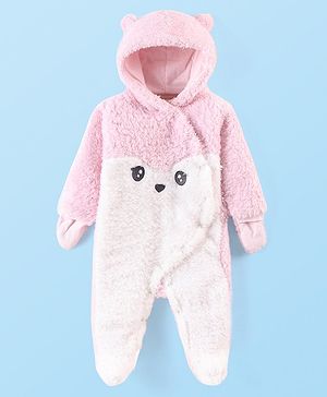 Babyhug Fur Woven Full Sleeves Winter Wear Footed Romper - Pink
