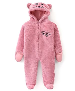 Babyhug Woven  Winter Wear Full Sleeves Footed & Hooded  Romper with Teddy Design - Pink