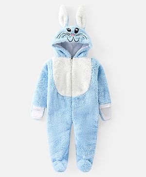 Babyhug Woven Winter Wear Full Sleeves Footed & Hooded Romper with Bunny Design - Blue