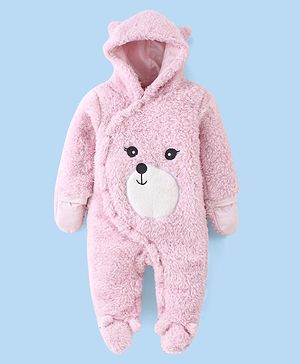 Babyhug Fur Woven Full Sleeves Winter Wear Footed Hooded  Romper with Bear Embroidery - Pink