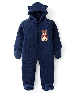 Babyhug Sweater Knit Winter Wear Footed Romper with Teddy Embroidery - Navy