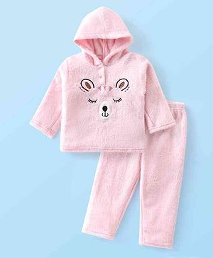 Babyhug Fur Woven Full Sleeves Hooded Winter Wear Suit With 3D Applique - Pink