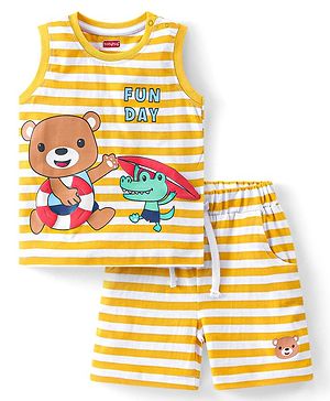 Babyhug Single Jersey Knit Sleeveless Striped T-Shirt & Shorts Set with Teddy Print - Yellow