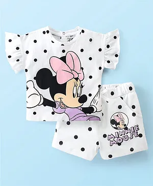 Babyhug Disney Single Jersey Knit  Half Sleeves Top and Shorts with Minnie Mouse Print - White