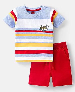 Babyhug Single Jersey Knit Half Sleeves Striped  T-Shirt & Shorts Set Text Print - Multicolour