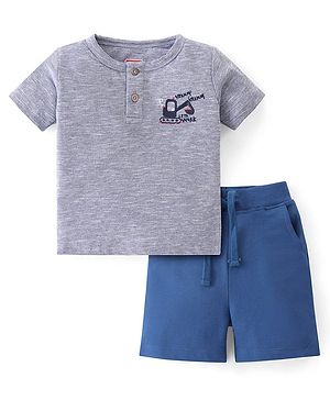 Babyhug Cotton Knit Half Sleeves Henley T-Shirt & Shorts Set With Excavator Embroidery - Blue
