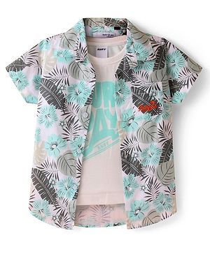 Ruff Poplin Woven Half Sleeves Shirt with T-Shirt Leaf & Text Print - Green