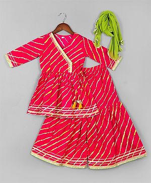 Naughty Ninos  Pure Cotton Three Fourth Sleeves Leheriya Designed  Angrakha Kurta With Sharara  & Dupatta Set - Red